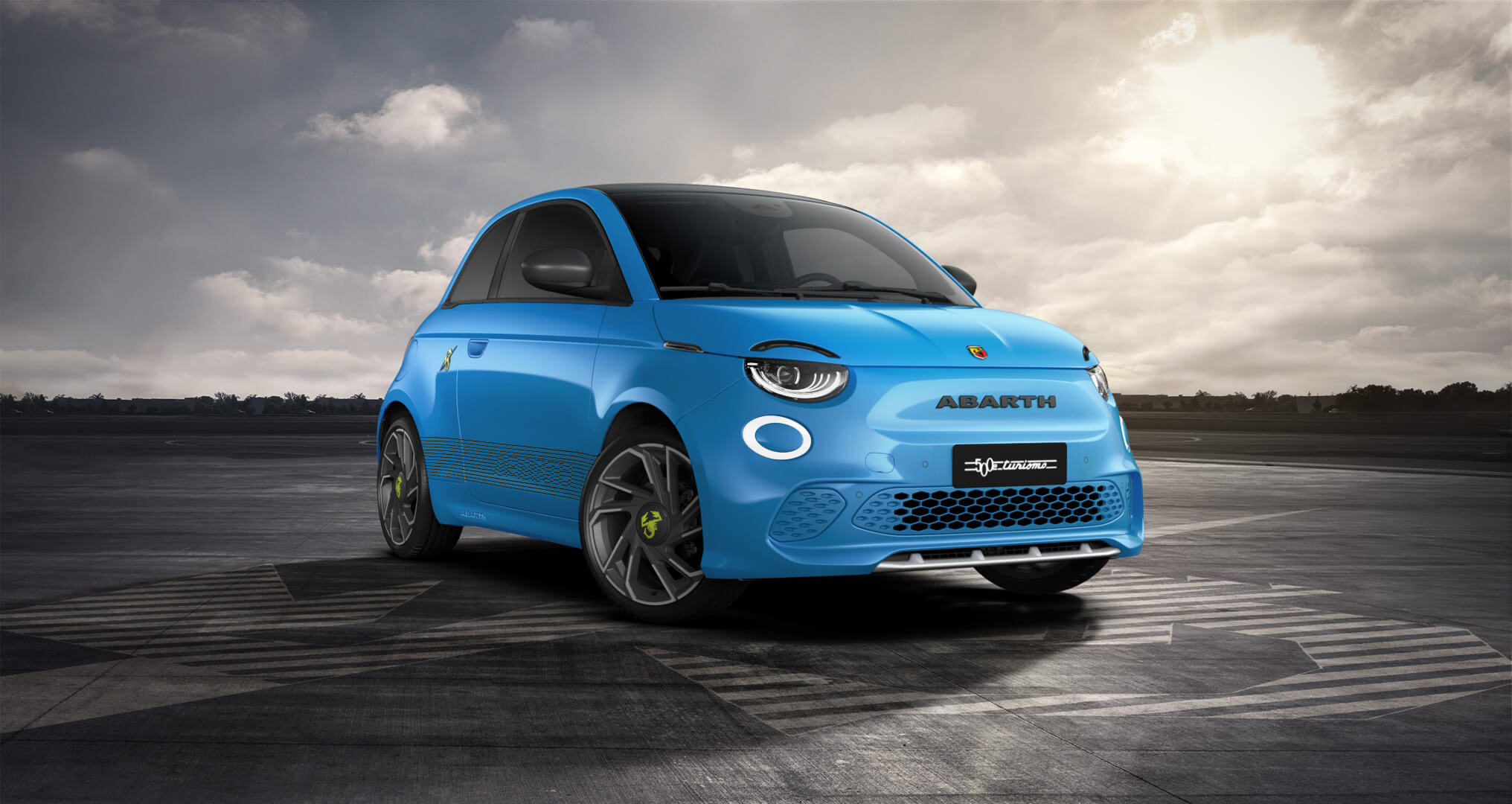 Front 3/4 render of a fiat with Poison Blue paint