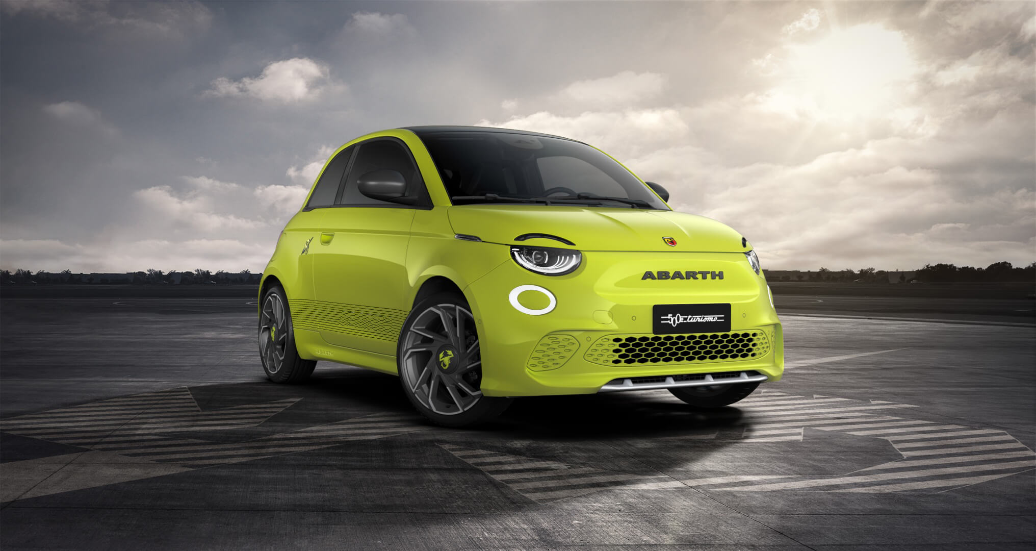 Front 3/4 render of a fiat with Acid Green paint