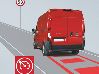 Graphic showing the rear of a van driving with cruise contorl icon