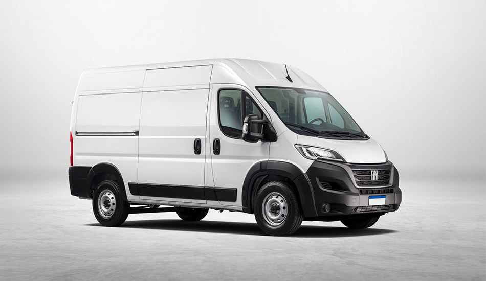 Front 3/4 shot of a white van on a white background