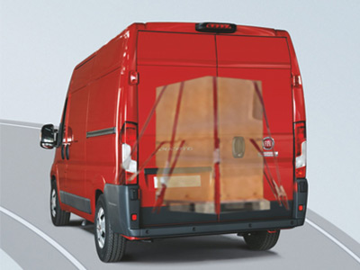 Graphic showing the rear of a van with an xray view of boxes in the cargo.