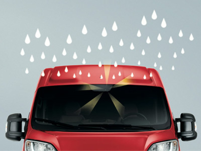 Graphic showing a van being rained on