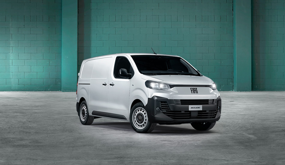 Front 3/4 shot of a white van on a white background